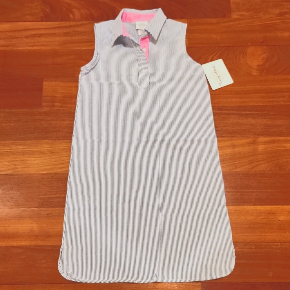 Girls Blue Seersucker Sleeveless Collared Dress, Size 12 NWT